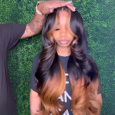 Curtain Bangs Ombre Brown Glueless Wigs T1B/27 Body Wave 13x4 Lace Front Wigs Ombre Pre Plucked Human Hair Wigs - GeetaHair