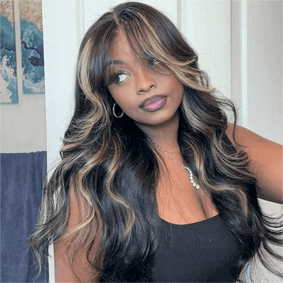 Curtain Bangs Highlight Honey Blonde Lace Wig Body Wave Glueless Wigs Human Hair 180% Density - GeetaHair