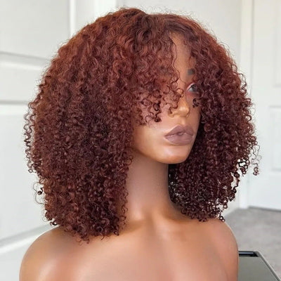 Curtain Bangs Glueless Wig Reddish Brown Human Hair Wig Copper Red Afro Kinky Curly Wig - GeetaHair