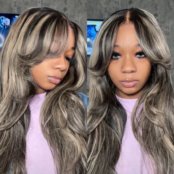 Curtain Bangs Highlight Honey Blonde Lace Wig Body Wave Glueless Wigs Human Hair 180% Density - GeetaHair