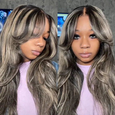 Curtain Bangs Highlight Honey Blonde Lace Wig Body Wave Glueless Wigs Human Hair 180% Density - GeetaHair