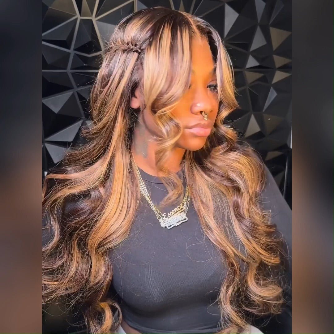 Curtain Bangs Honey Blonde Body Wave Lace Front Wigs Highlight Brown HD Lace Human Hair Wigs - GeetaHair
