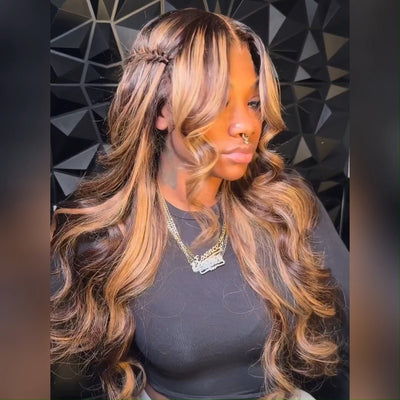 Curtain Bangs Honey Blonde Body Wave Lace Front Wigs Highlight Brown HD Lace Human Hair Wigs - GeetaHair