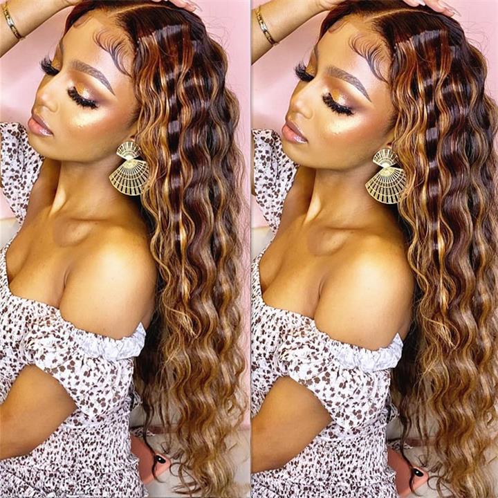 Ombre Highlight Lace Front Wig Human Hair 13x4 Glueless Deep Wave HD Lace Wigs Pre Plucked - GeetaHair
