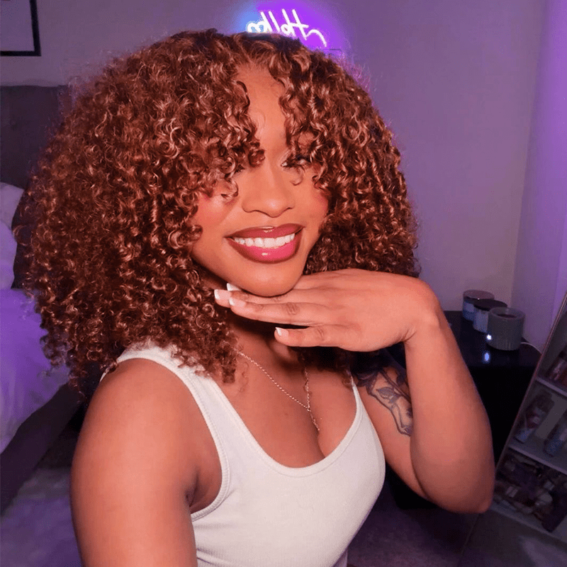 16"=$111 Reddish Brown Copper Red Color Afro Kinky Curly Glueless Wig Flash Sale - GeetaHair