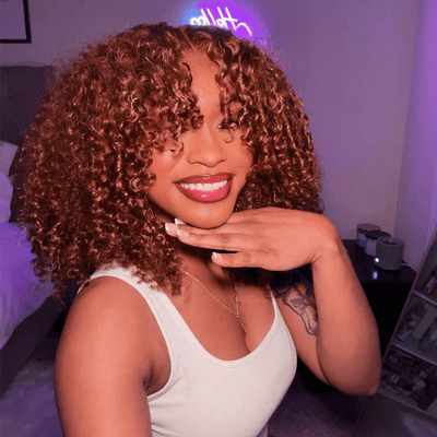 16"=$111 Reddish Brown Copper Red Color Afro Kinky Curly Glueless Wig Flash Sale - GeetaHair