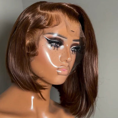 Flash Sale Brown Glueless Wigs Short Bob Straight Side Part Pre Cut Lace Wigs Pre - plucked Lace Front Wigs - GeetaHair