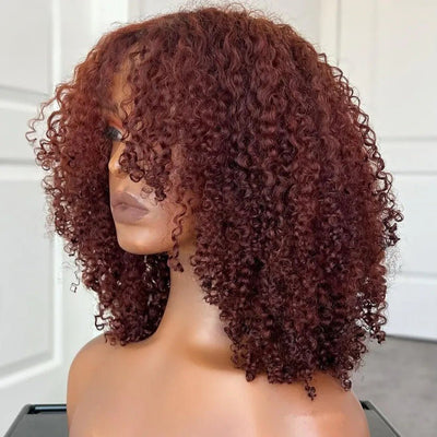 Curtain Bangs Glueless Wig Reddish Brown Human Hair Wig Copper Red Afro Kinky Curly Wig - GeetaHair