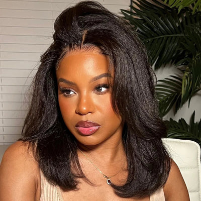 Layer Cut Natural Hairline Kinky Straight Short Bob Wigs 13x4 Lace Front Human Hair Wigs Wear Go Glueless Wigs - GeetaHair