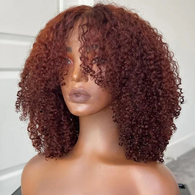 Curtain Bangs Glueless Wig Reddish Brown Human Hair Wig Copper Red Afro Kinky Curly Wig - GeetaHair