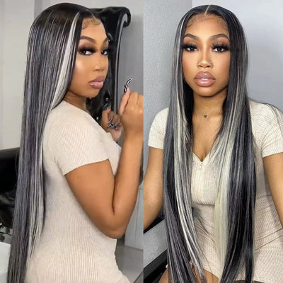 Platinum Gray Highlight 13x4 HD Lace Wig Straight Hair Black With Blond Highlights Lace Front Wig Plucked Natural Hairline With Baby Hair - Geeta Hair - GeetaHair