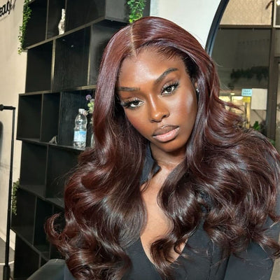 Curtain Bangs Glueless Wigs Body Wave Lace Front Wig Brown Colored Wig 180% Density - GeetaHair