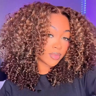 Wear And Go Glueless Wigs Highlight Brown Kinky Curly Bob Wigs Short Curly Human Hair 13x4 Lace Front Wig Pre Plucked 250% Density No Code Needed - GeetaHair