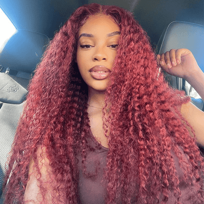 22"=$128 Burgundy 99J Curly Hair HD Lace Wig Pre Plucked Flash Sale - GeetaHair