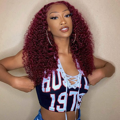 50%+Extra $100 OFF : 99j Burgundy Hair 13x4 HD Lace Kinky Curly Lace Front Wig - Flash Sale, Only 2 Days - GeetaHair