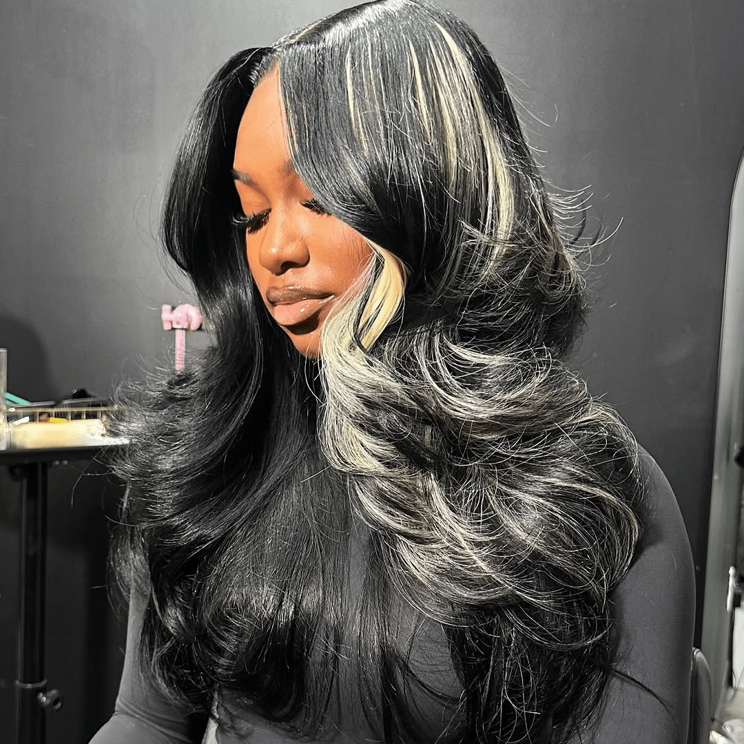 Luxe 300% Density Layered Cut With Peacock Curls Gluless Wigs 13x4 Lace Front Natural Color Mix Blonde Human Hair Wigs - GeetaHair