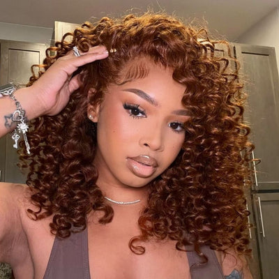 Chocolate Reddish Brown Ready To Wear Glueless Wigs Bouncy Curl 13x4 Lace Front Human Hair Wig Pre Plucked 250% Density - GeetaHair
