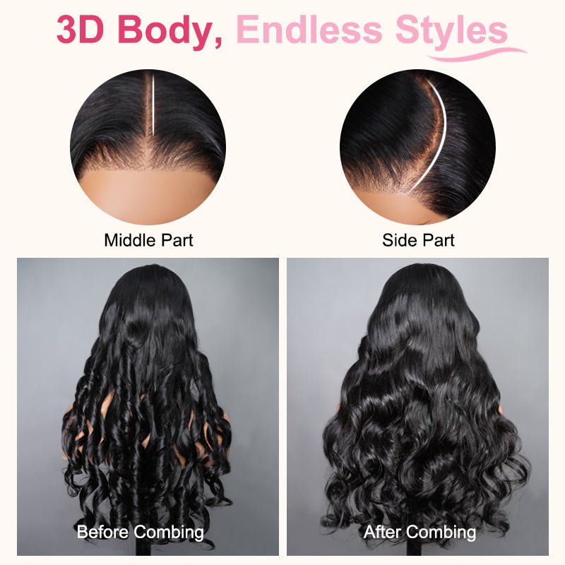 3D Body Wave Wig Bofore Combing & After Combing & Free Part Endless Styes_detail
