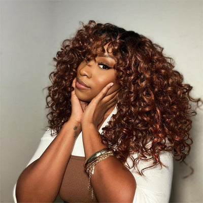Geeta 300% Density Lazy Girl Glueless Wigs Ginger Brown Bouncy Wave 13x4 Lace Front Human Hair Wigs Brown Black Hair Root Curly Wig With Bangs - GeetaHair