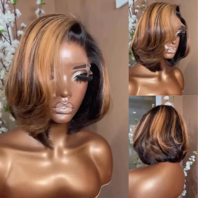 Flash Sale Brown Highlight Glueless Wigs Natural Wavy Side Part Pre Cut Lace Wigs Short Bob Wig 13x4 Lace Front Wig - GeetaHair