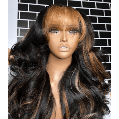 Highlight Body Wave Wig with Blonde Bangs Fringe 13X4 Frontal Wig Pre Plucked Human Hair Wig - GeetaHair