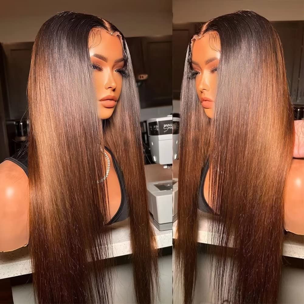 Pre Bleached Knots Wear and Go Straight Wigs 13x4 HD Lace Front Wig Human Hair Ombre Colored Wig 180% Density - GeetaHair