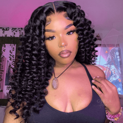 Glueless Bouncy Curly Hair 13x4 Transparent Lace Front Wig Pre Plucked Hairline Wand Curl Human Hair wigs - Geeta Hair - GeetaHair
