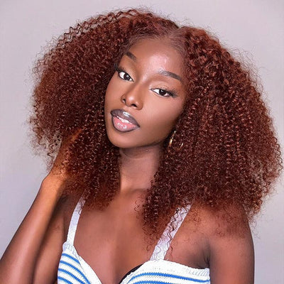Pre Bleached Reddish Brown Afro Kinky Curly Lace Front Wigs Pre Blucked Glueless Wig 180% Density - GeetaHair