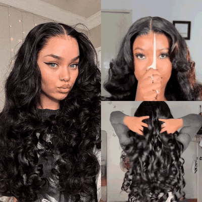 Geeta Full 250% Density Loose Body Wave Human Hair Wigs 13x4 Ocean Wave Lace Front Wigs with Curtain Bangs - GeetaHair
