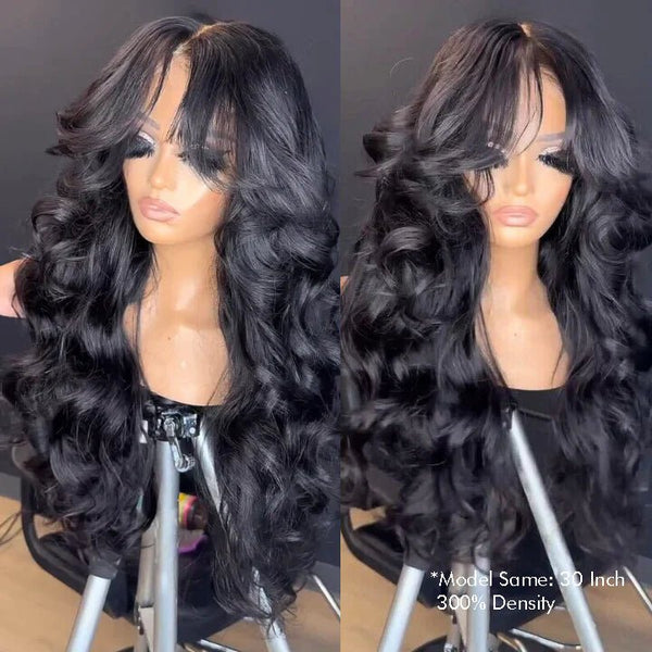 Geeta Hair 13x4 Lace Loose Body Wave Human Hair Wigs Ocean Wave Lace Front Wigs with Curtain Bangs Full 300% Density