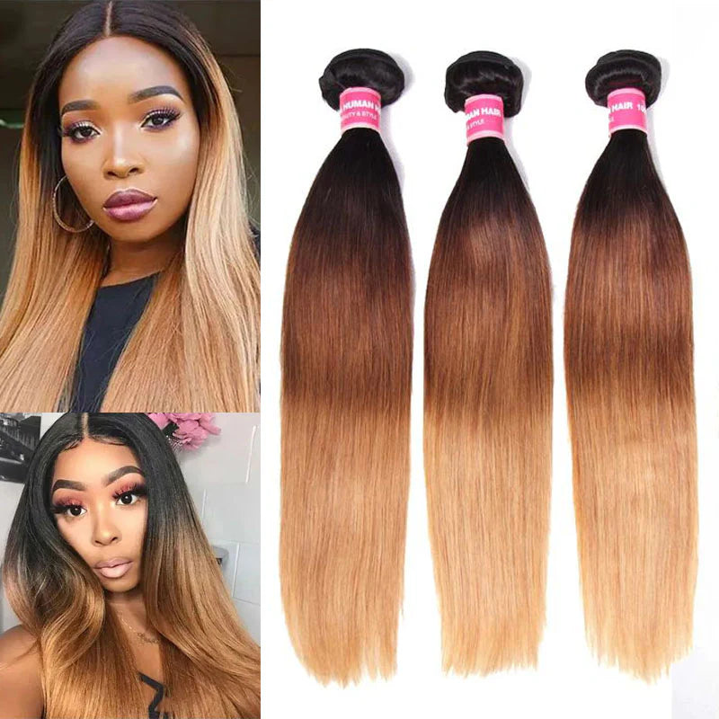 GeetaHair Ombre Blonde Straight Human Hair 3 Bundles With 4x4 Lace Closure 100% Human Hair Extension Weaves