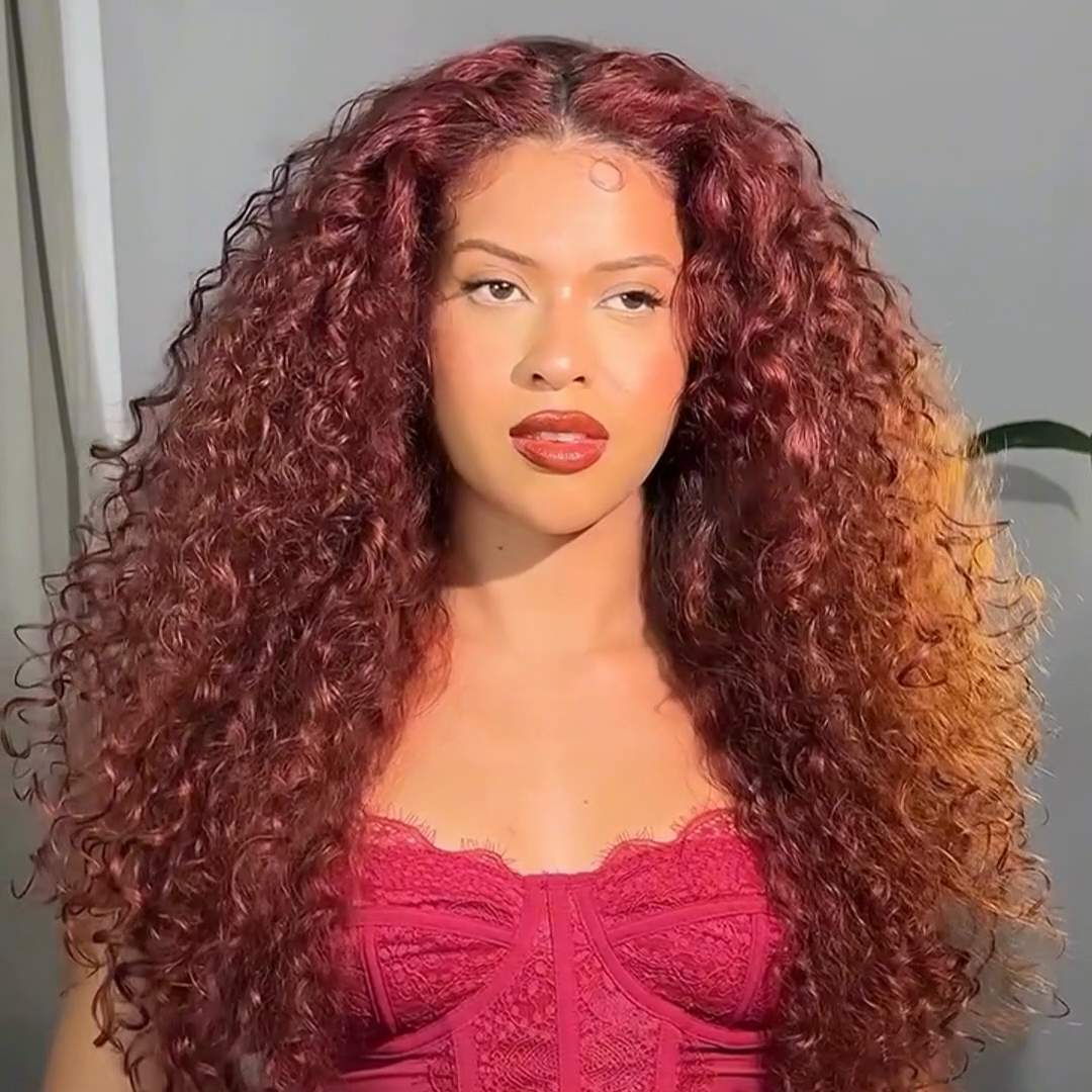 Lazy Girl Wigs Reddish Brown Wet And Wavy Glueless Wigs 13x4 Lace Front Burgundy Curly Human Hair Wigs 250% Density