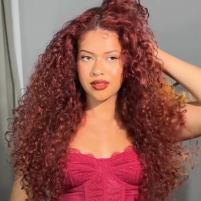 Lazy Girl Wigs Reddish Brown Wet And Wavy Glueless Wigs 13x4 Lace Front Burgundy Curly Human Hair Wigs 250% Density