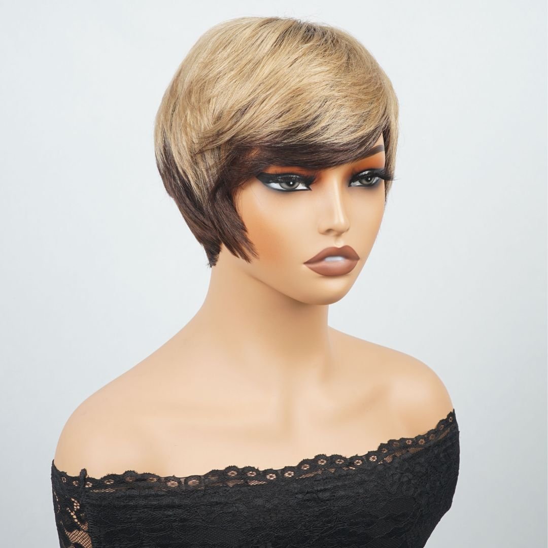 Short Straight Bob Wigs Blonde With Brown Pixie Cut Wig Full Machine Made Human Hair Wigs - GeetaHair