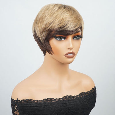Short Straight Bob Wigs Blonde With Brown Pixie Cut Wig Full Machine Made Human Hair Wigs - GeetaHair