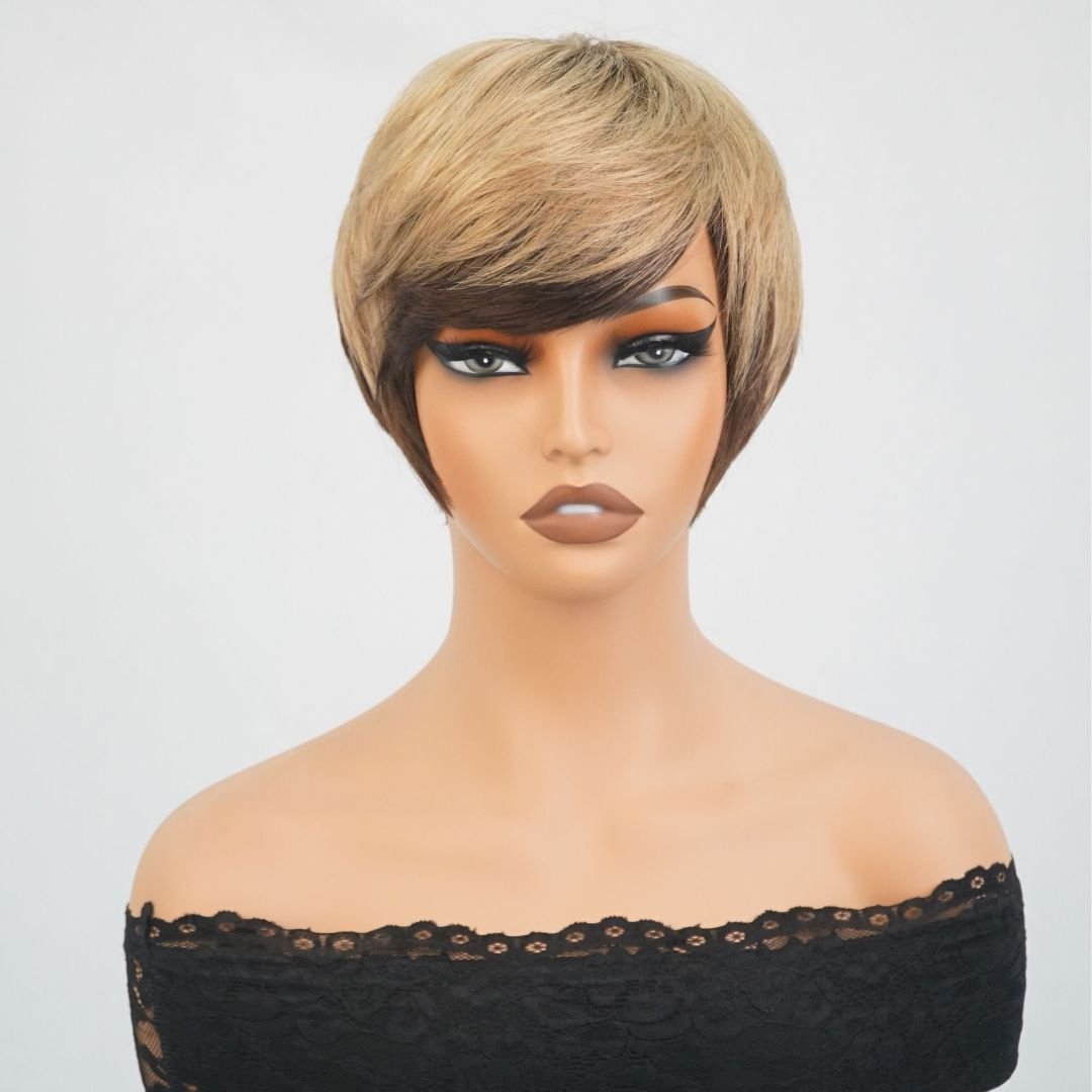 Short Straight Bob Wigs Blonde With Brown Pixie Cut Wig Full Machine Made Human Hair Wigs - GeetaHair