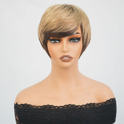 Short Straight Bob Wigs Blonde With Brown Pixie Cut Wig Full Machine Made Human Hair Wigs - GeetaHair