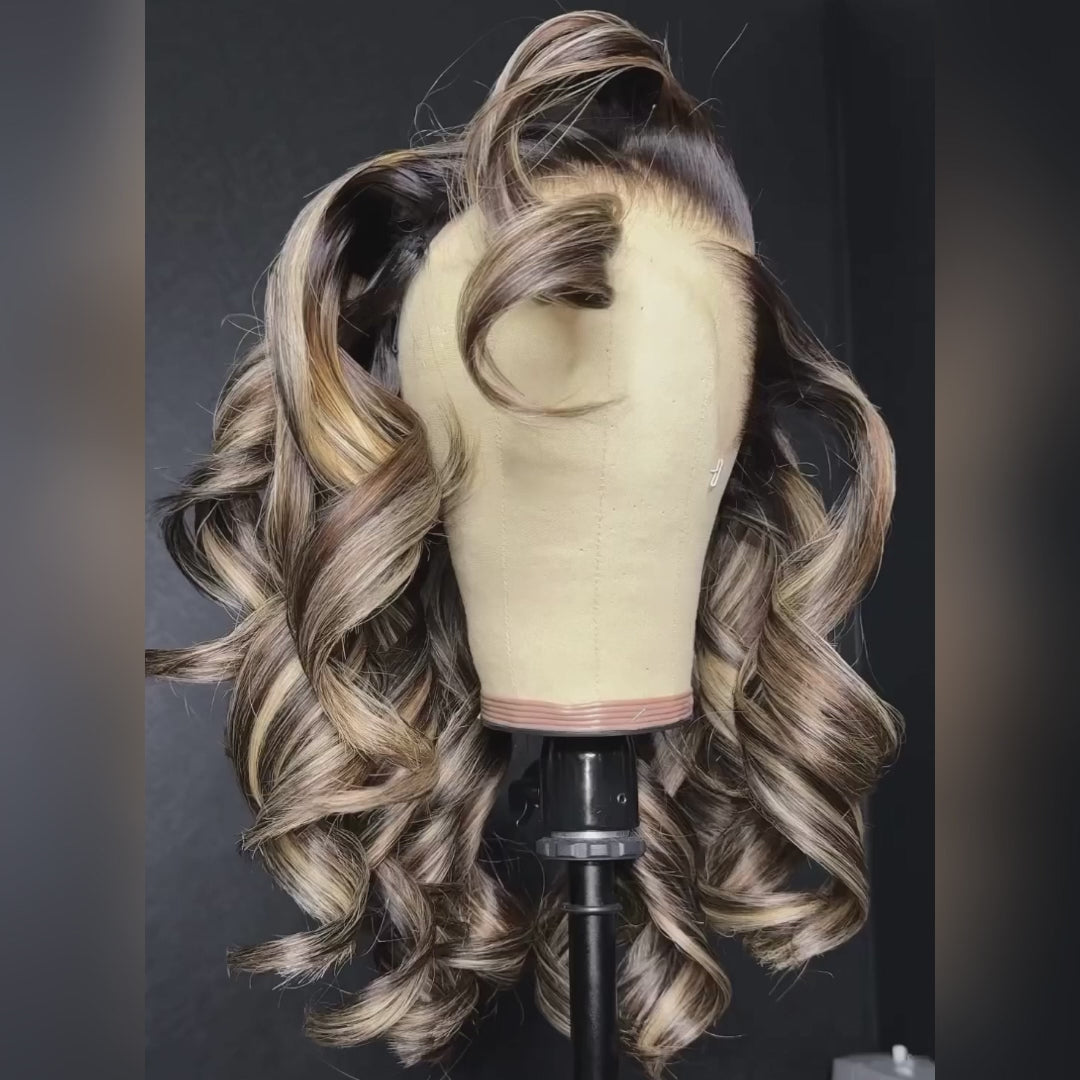 Blonde Highlights, klebefreie, kurze, gewellte Bob-Perücke aus Echthaar mit Spitzenfront – Geeta Hair 