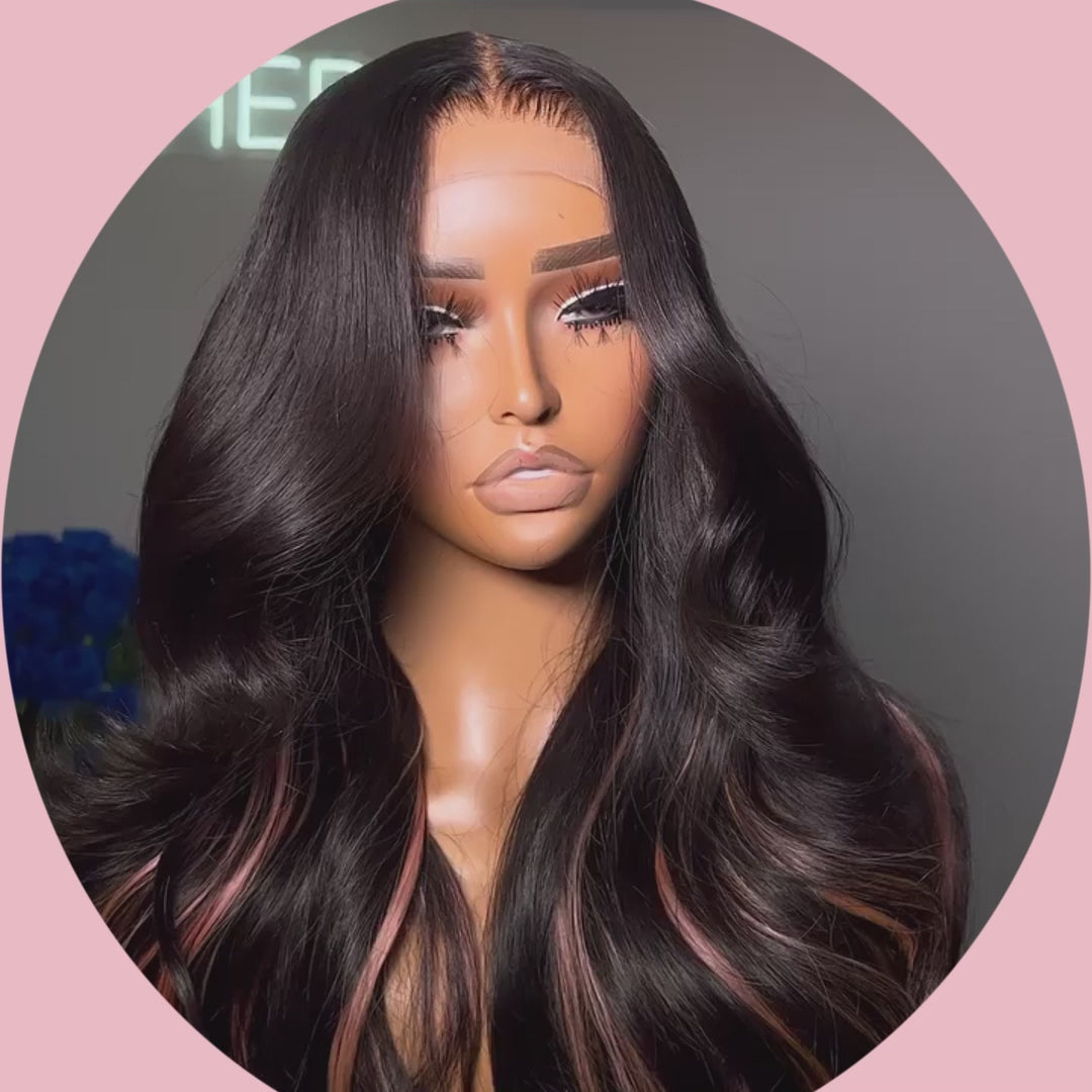 Glueless Peekaboo Highlights Pink New Trendy Body Wave 13x4 Lace Front Wig Pink Colored Highlight Human Hair Wigs-Geeta Hair
