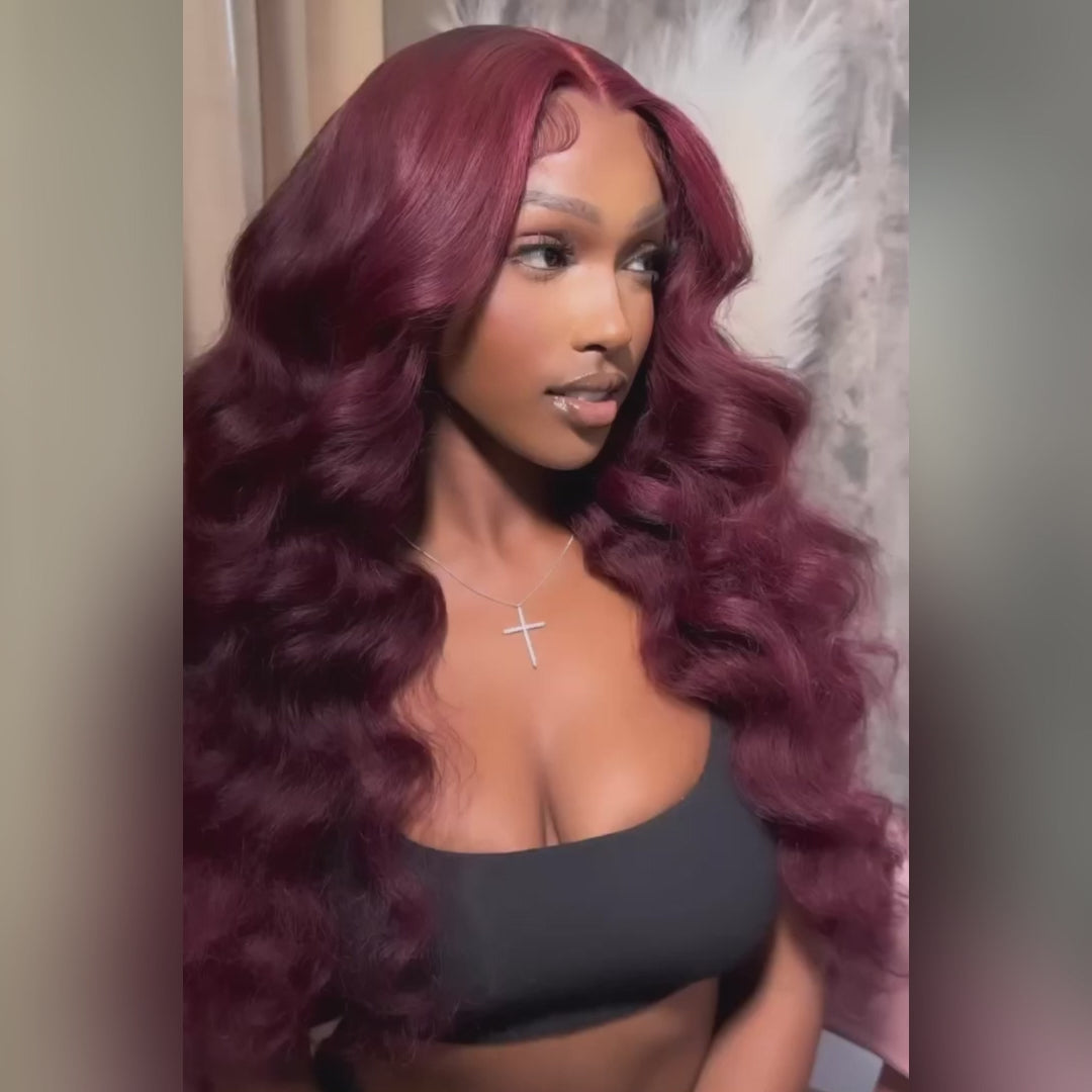 Body Wave 99J Lace Front Wig 13x4 Burgundy Colored Glueless Wigs Pre Plecked -Geeta Hair