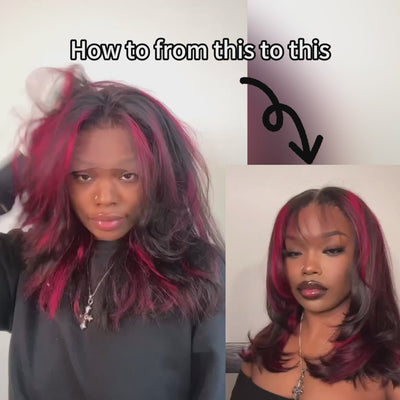 Black With Red Highlights Bob Wigs Colored Natural Wave Pre Layered Cut Bob Wigs No Code Needed