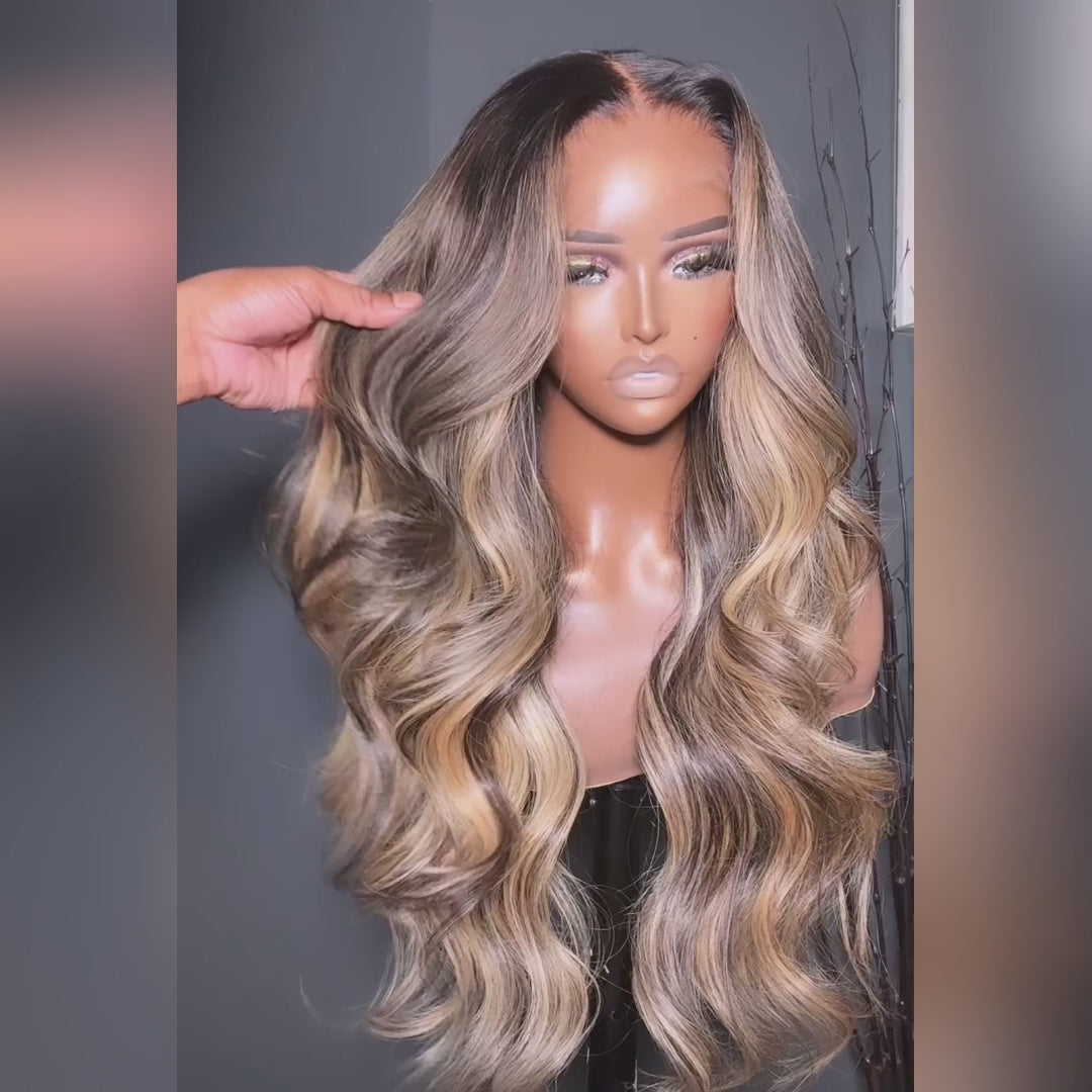 Highlight Blonde With Black Root Colored Wig 13X4 Lace Front Wig Human Hair Transparent Wig Pre Plucked