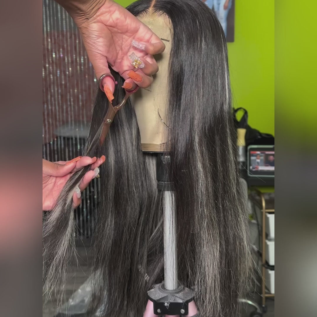 Glueless Platinum Gray Highlight Silky Straight Human Hair Wigs-Geeta Hair