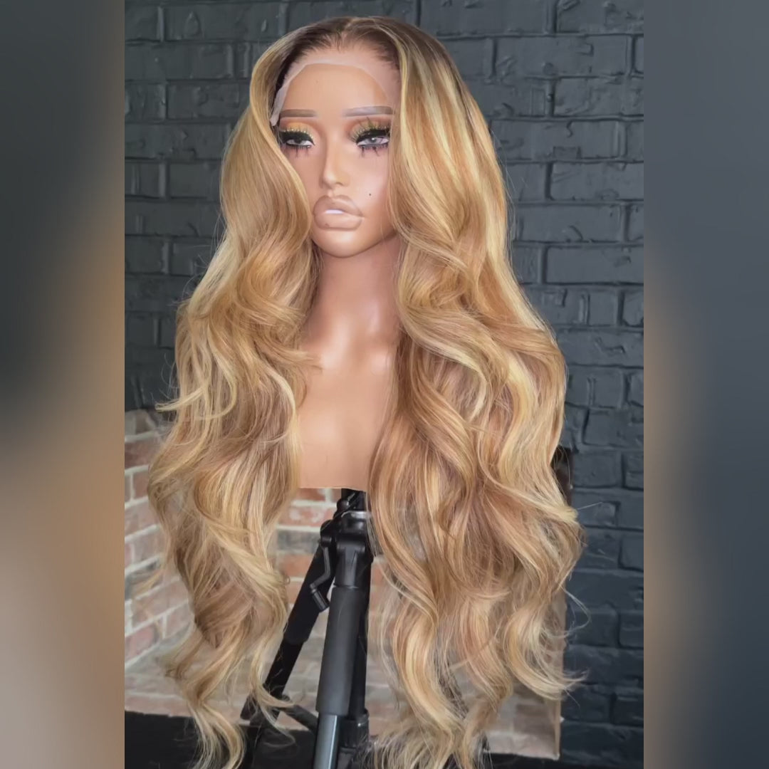 Honey Blonde Colored Glueless Wigs Body Wave 13x4 Lace Front Wig Pre Plucked 250% Density