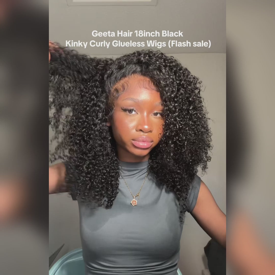 18 Inch Black Kinky Curly Wig No Glue Flash Sale_video