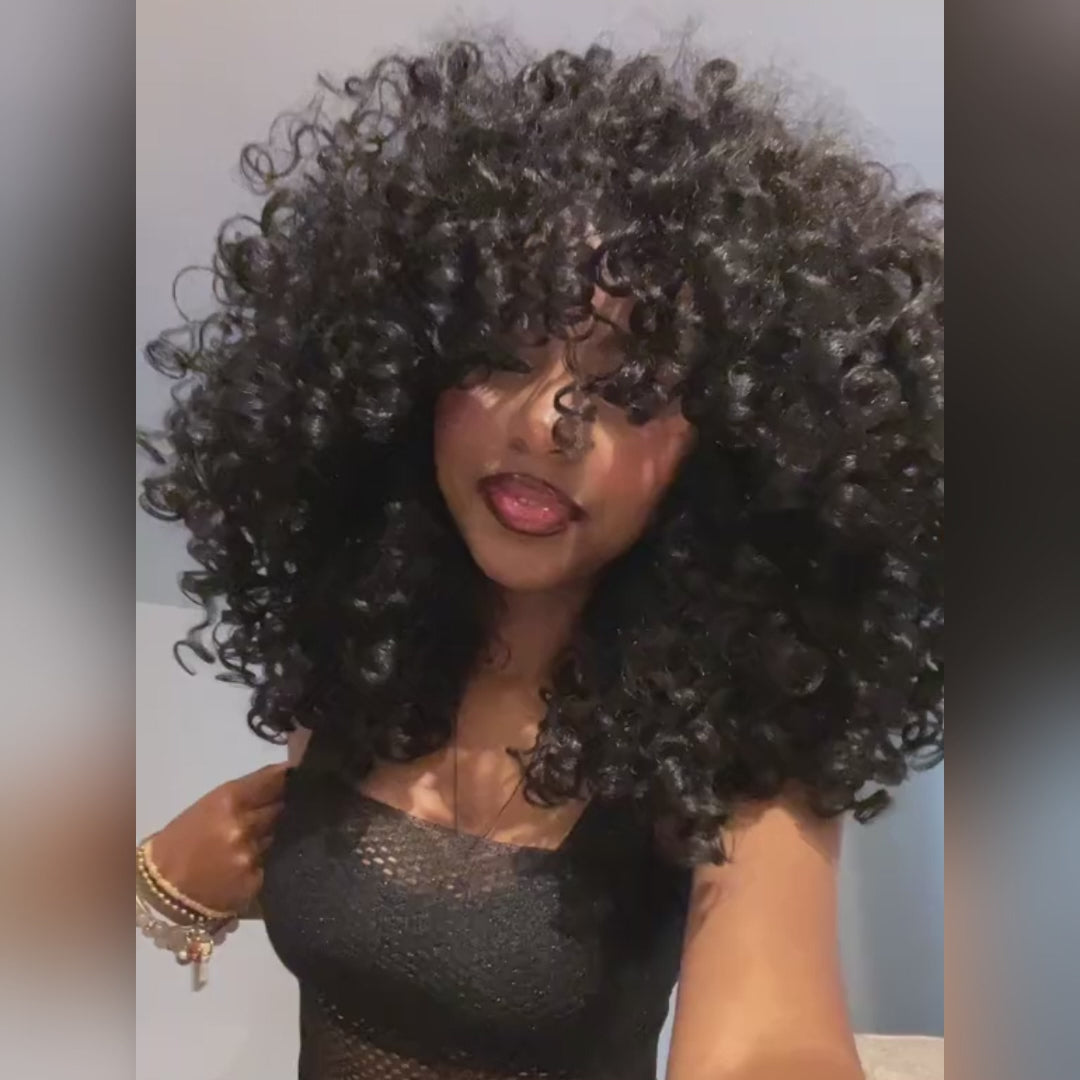 300% Density Runm Curly Afro Wig With Bangs For Black Women 13x4 Lace Fornt Human Hair Wigs Pre Plucked