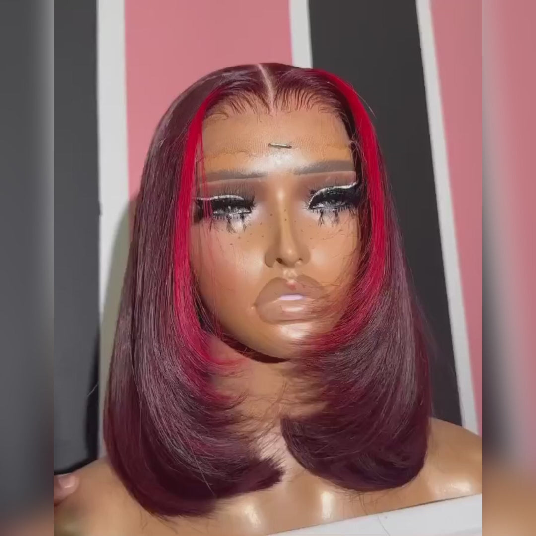 Red Highlight Color Lace Front Human Hair Wigs Layered Cut Straigt 99j Bob Wig Pre Plucked