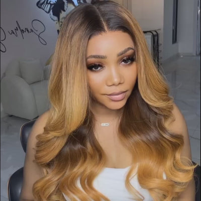Body Wave Brown Blonde Lace Front Wigs With Black Root 13x4 HD Lace Wig 180% Density