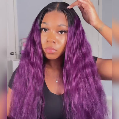 Smokey Purple 13x4 Lace Front Body Wave Wig With Black Roots Ombre Funky Colored HD Lace Human Hair Wigs-Geeta Hair