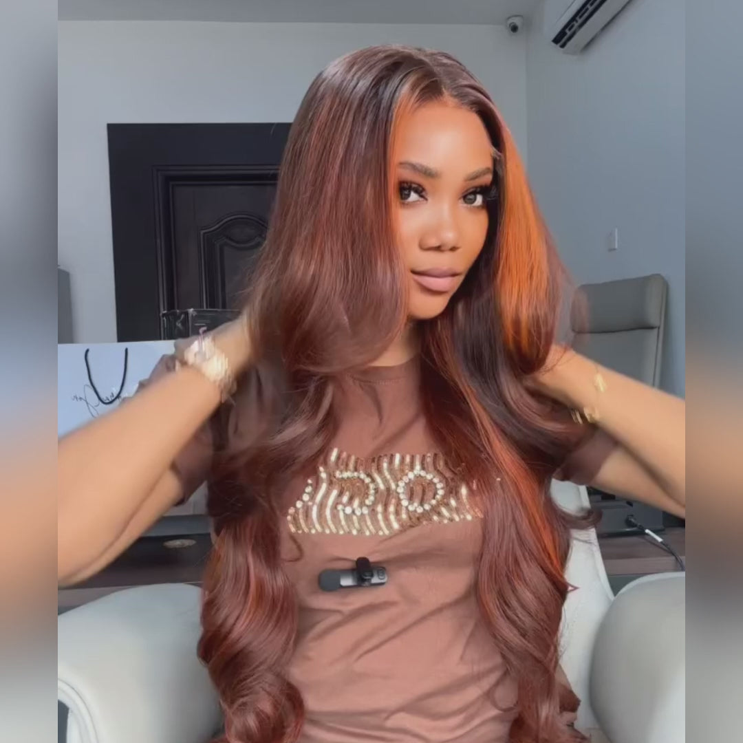 Dark Brown Highlight Body Wave HD Transparent Lace Front Wig Copper Color Face Frame Highlights Human Hair Wigs